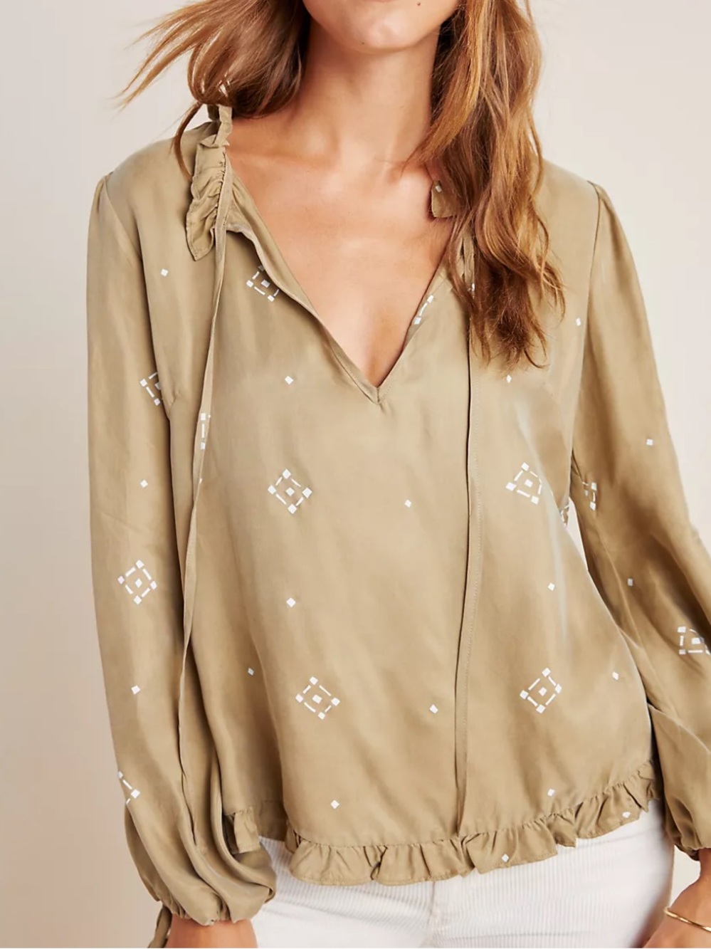 SANCIA Yoelette Olive Brown Ruffled Neck boho Blouse size S